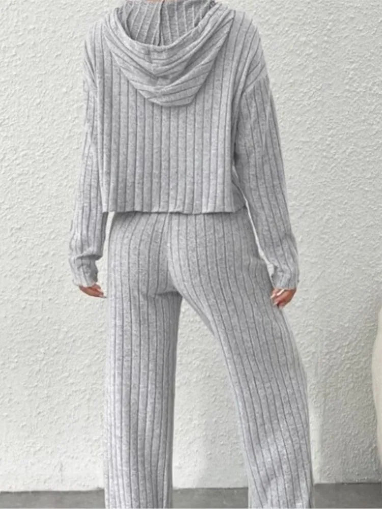 Casual Knitted Striped Hooded Sweatshirt  -  Two-piece Set