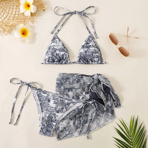 Women's 3 Piece Ink Wash Tie Dye Bikini Set With Sheer Sunscreen