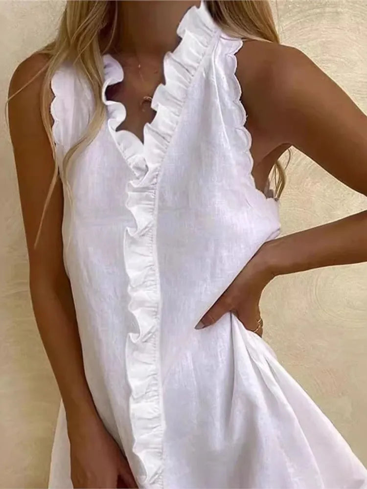 Cotton And Linen White Dress Summer V Neck Ruffles