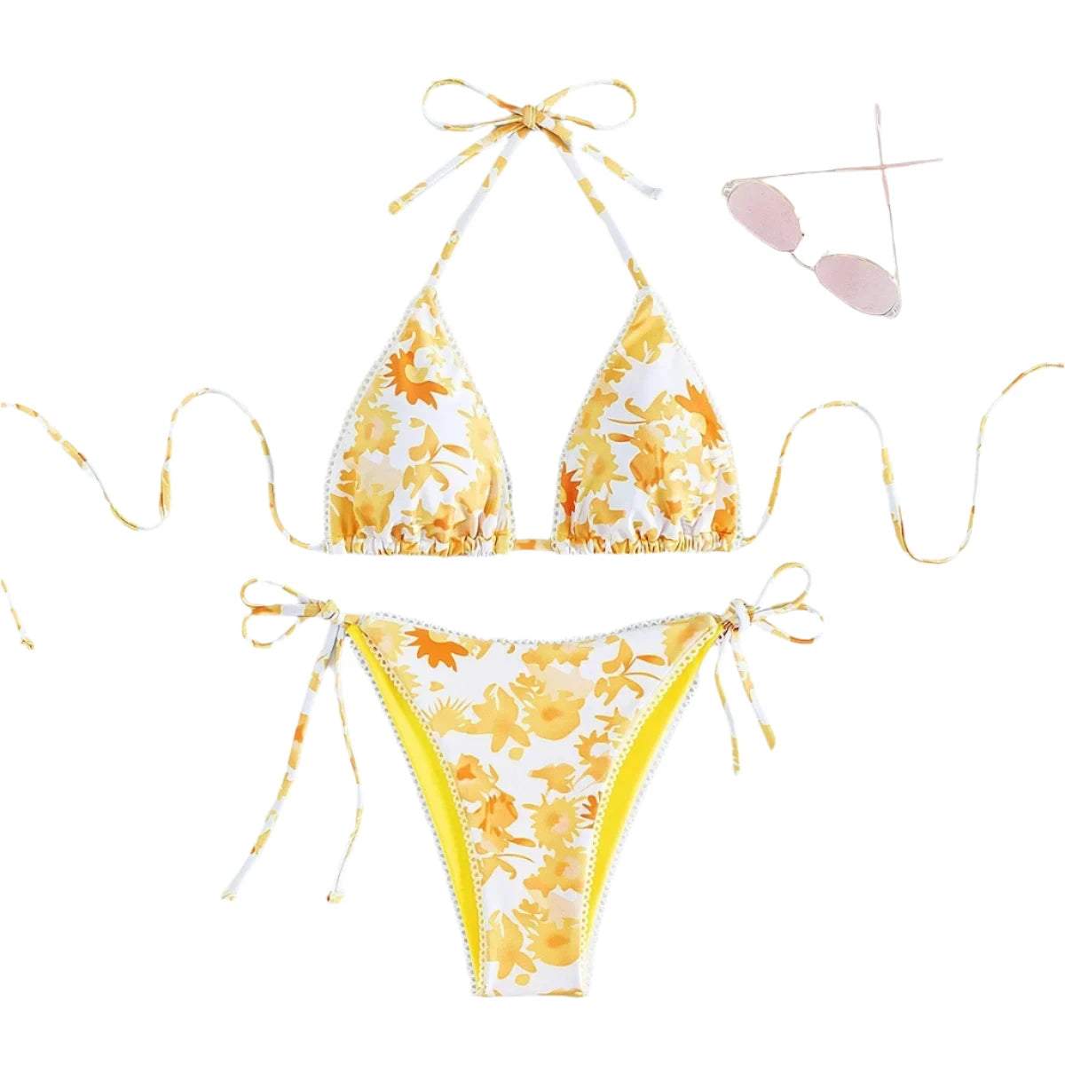 Yellow Leaf Print Swimwear Micro Bikini