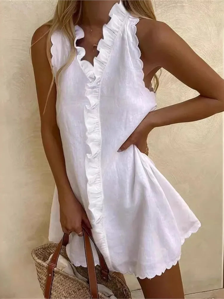 Cotton And Linen White Dress Summer V Neck Ruffles