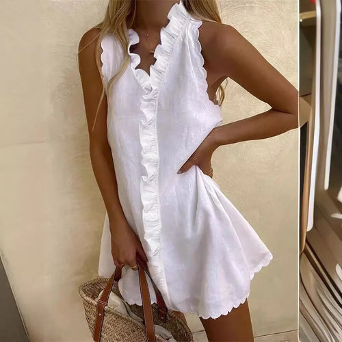 Cotton And Linen White Dress Summer V Neck Ruffles