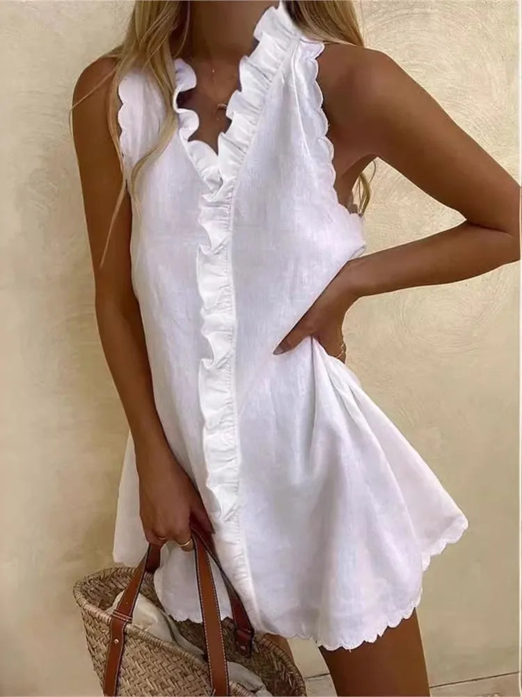 Cotton And Linen White Dress Summer V Neck Ruffles