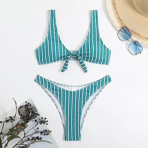 Striped V Neck Two Piece Bikini Set