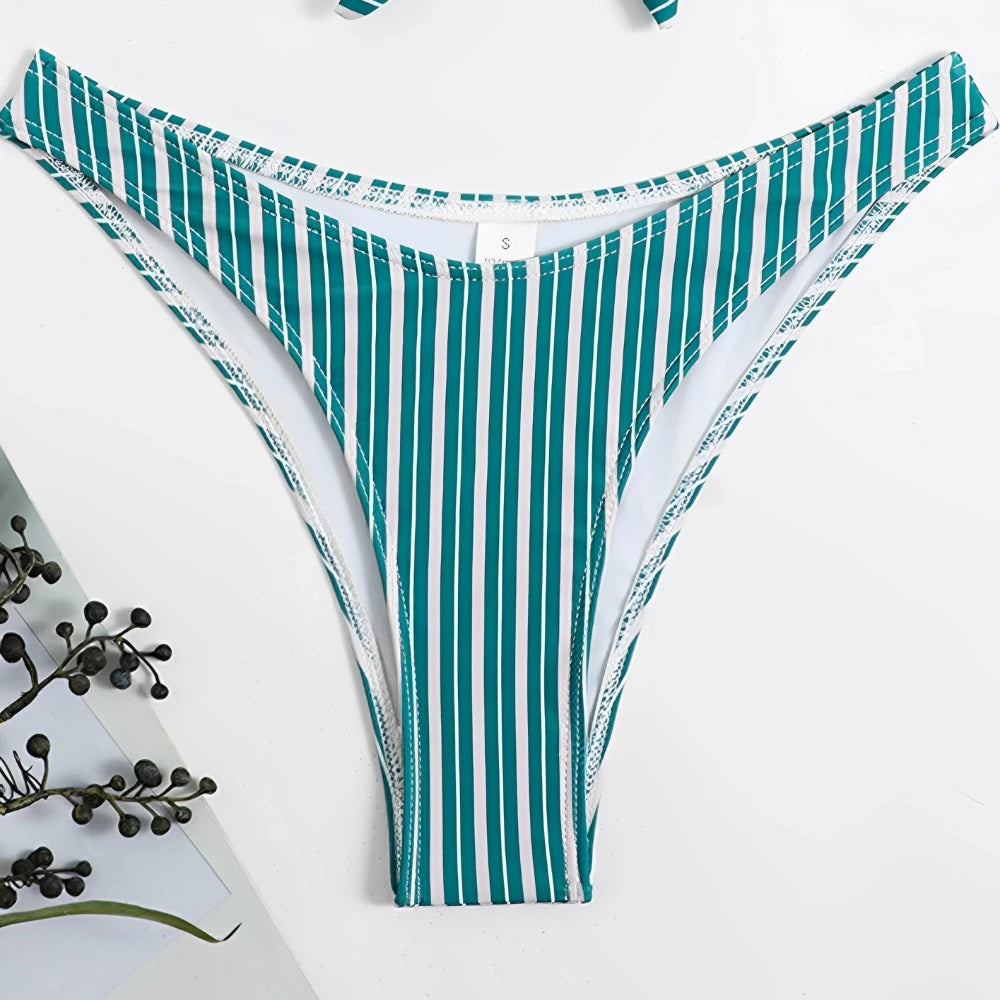 Striped V Neck Two Piece Bikini Set