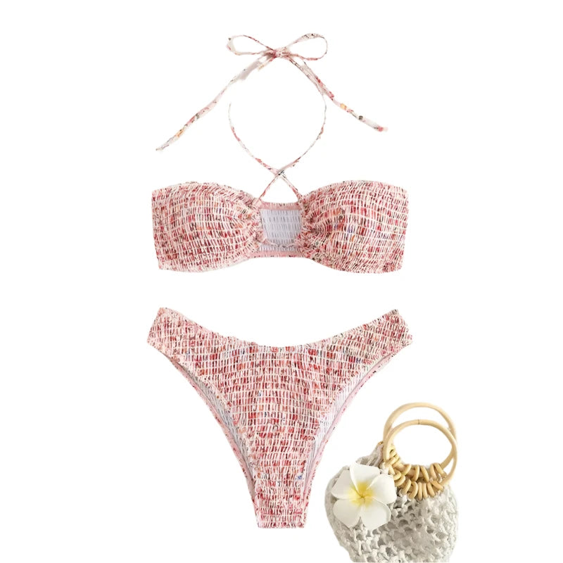 Floral Print Wrinkled Halter Cross Bikini Set