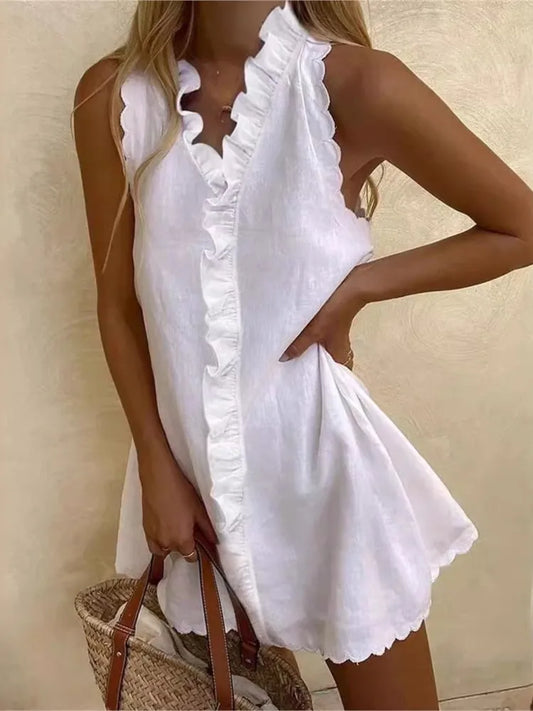 Cotton And Linen White Dress Summer V Neck Ruffles