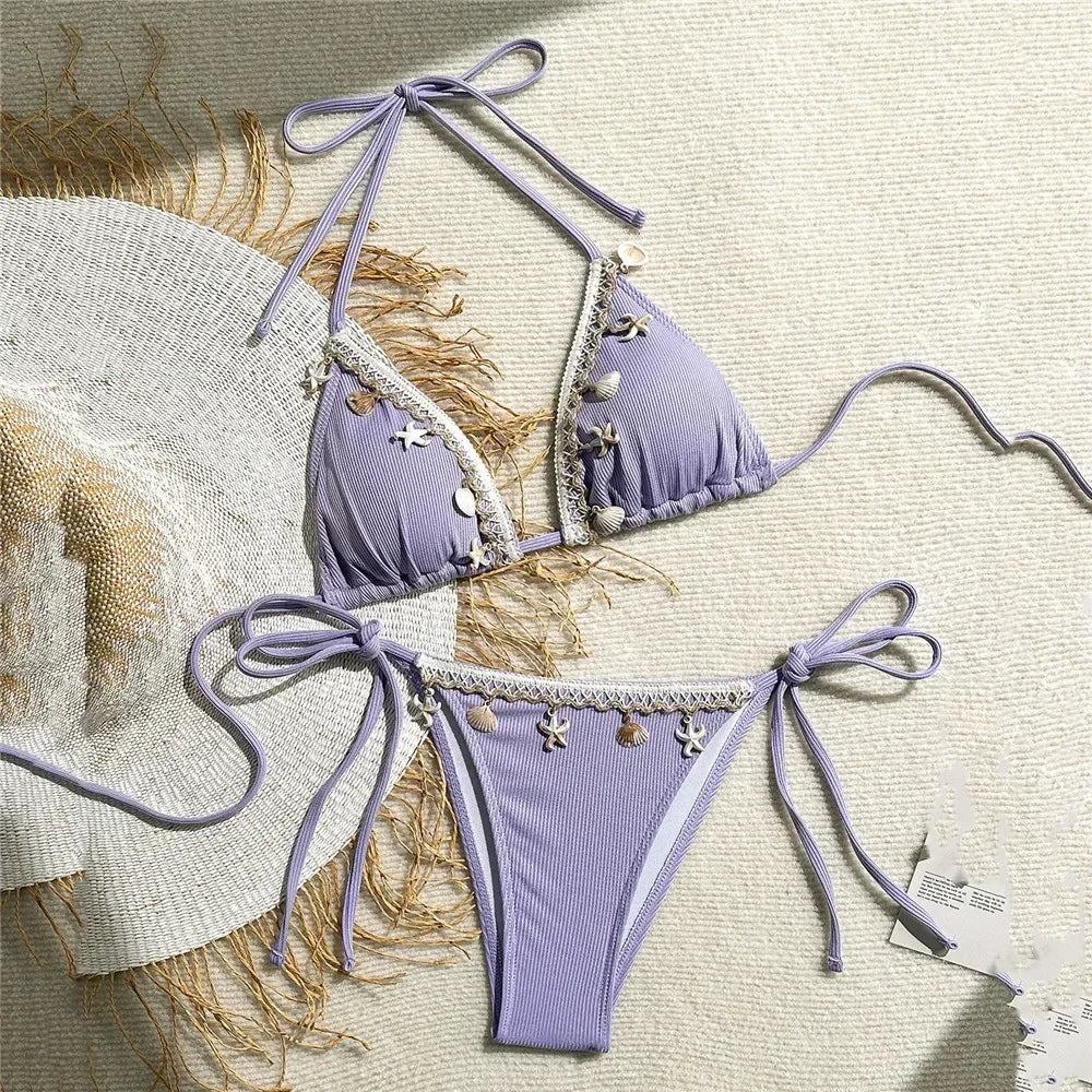 Shell Detail Triangle Bikinis Set