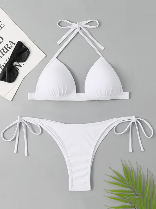 2025 Halter Bra Cup Bikini Sexy Swimsuit Female White Swimwear Women