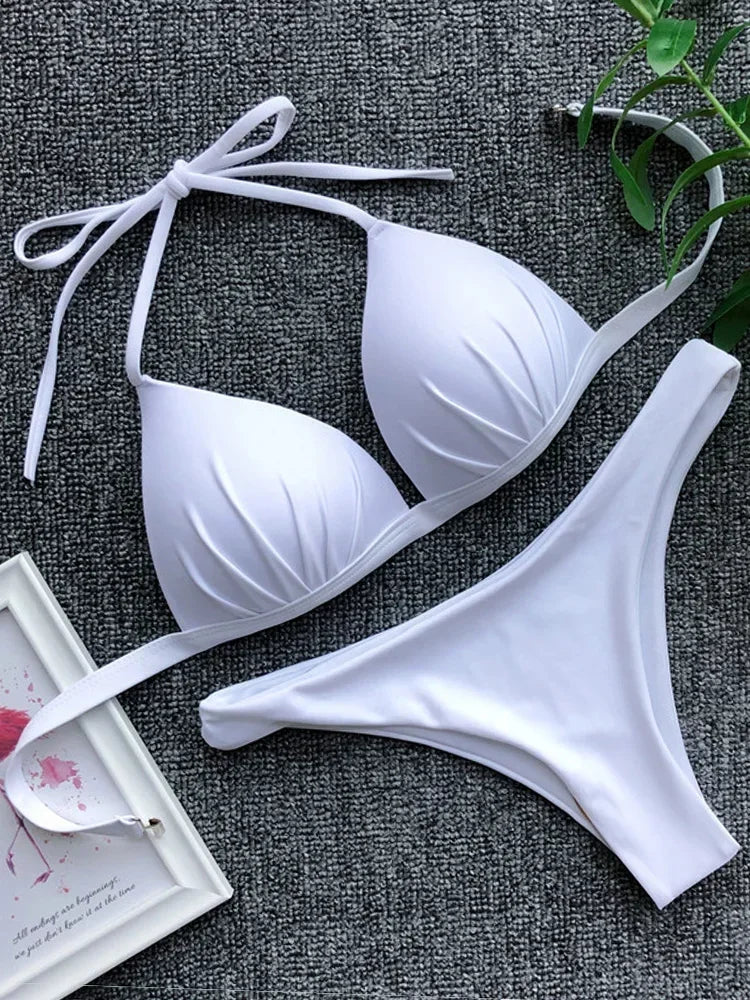 2025 Halter Bra Cup Bikini Sexy Swimsuit Female White Swimwear Women