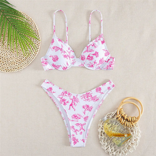 Floral Print White Bikini Push Up Mujer Sexy Swimsuit Women Underwired