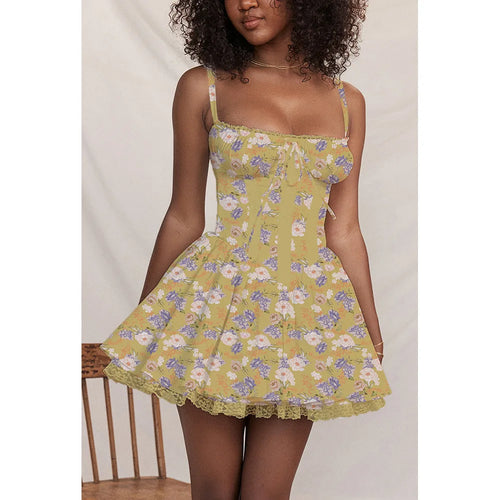 Elegant Flower Print Corset Mini Dresses For Women Lace up Trim