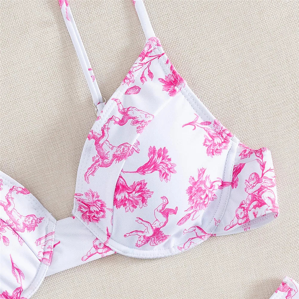 Floral Print White Bikini Push Up Mujer Sexy Swimsuit Women Underwired