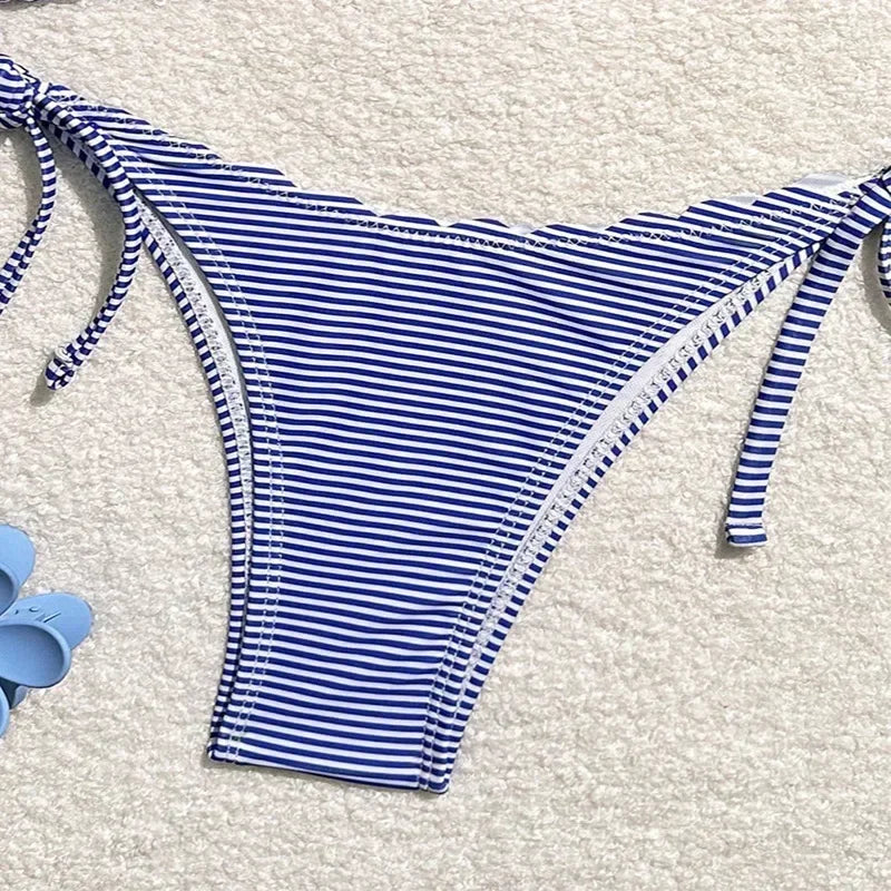 Blue Striped Print Swimwear Triangle Micro Bikini Set Mini Thong Sexy