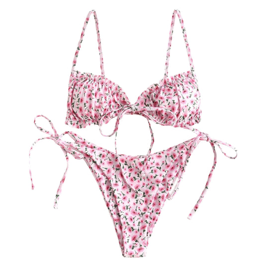 Pink  Bikini Swimsuit 2025 Flower Low Waist Triangle